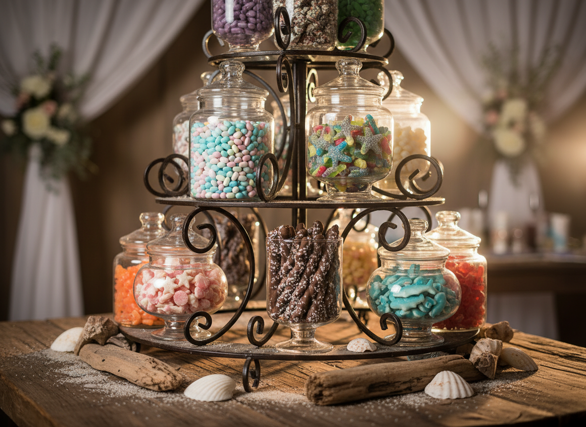 A close-up, photographic view of a signature Sugar Shack Confections dessert station centerpiece: a towering, multi-tiered display of color-coordinated jars filled with jelly beans, chocolate-covered pretzels, and sparkling sugar-coated gummies. The stand rises from a rustic wooden table accented with a few seashells and driftwood pieces, subtly nodding to Beaufort’s coastal charm. Warm, soft studio-style lighting from the side creates brilliant highlights on the glass and candy coatings, with delicate shadows adding depth. Shot with a shallow depth of field from a slightly low angle, the focus locks on the middle tier while the upper and lower levels blur into colorful bokeh, conveying a playful, irresistible atmosphere perfect for weddings and parties.