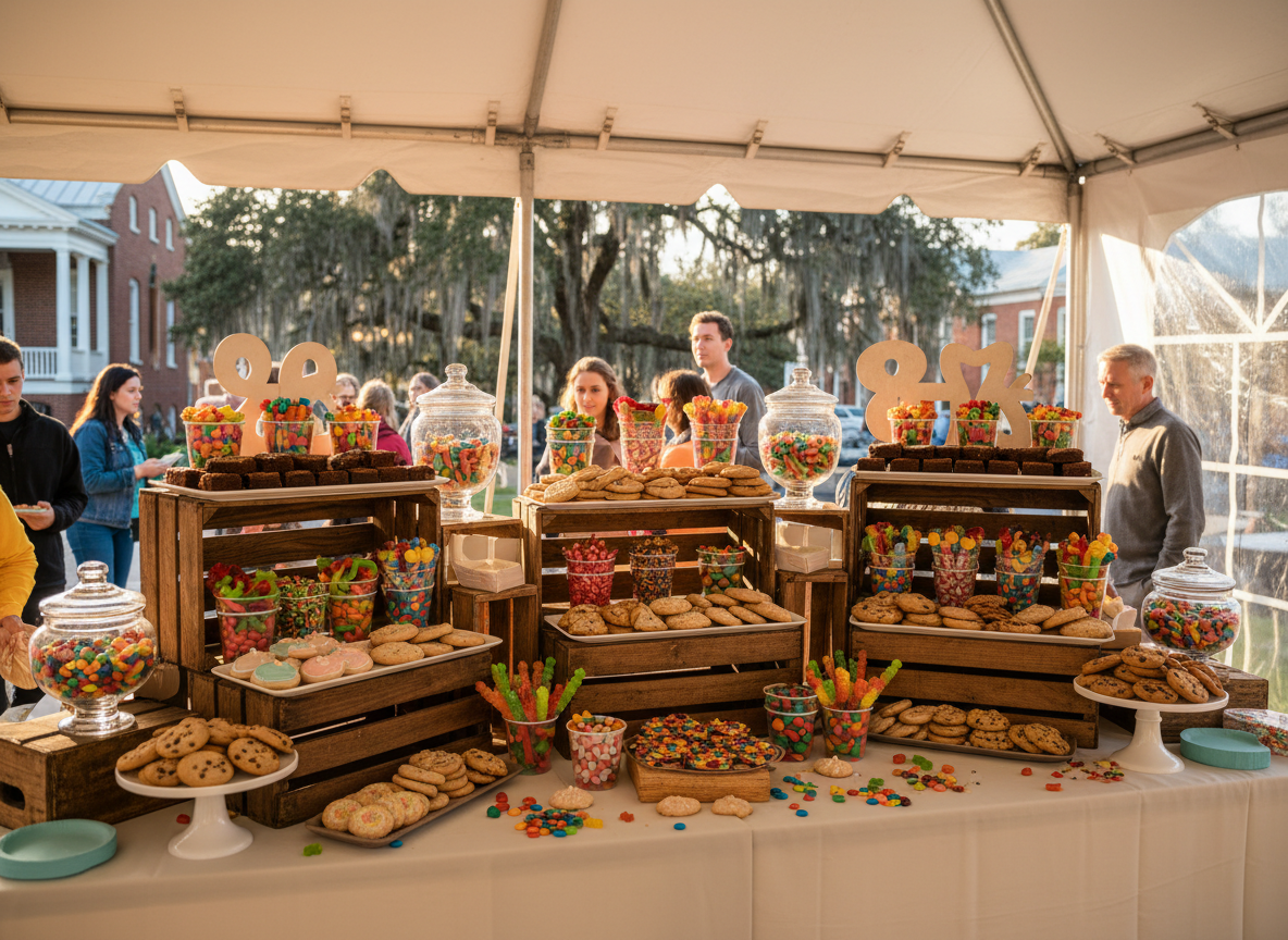 A whimsical dessert station designed for a Beaufort community festival, featuring multiple levels of trays piled high with cookies, brownies, and bright candy cups arranged in fun, repeating patterns. The station sits under a white event tent, with glimpses of moss-draped live oaks and historic brick buildings softly blurred in the background. Late afternoon sunlight filters through the tent fabric, casting a warm, diffused glow over the treats and creating soft, inviting shadows. Photographed from a wide, slightly elevated perspective in photographic realism, the composition shows the full breadth of the setup, with colorful candies in the foreground leading the eye back to cake stands, lidded jars, and decorative signage implied by shapes rather than readable words, capturing an energetic, family-friendly mood.