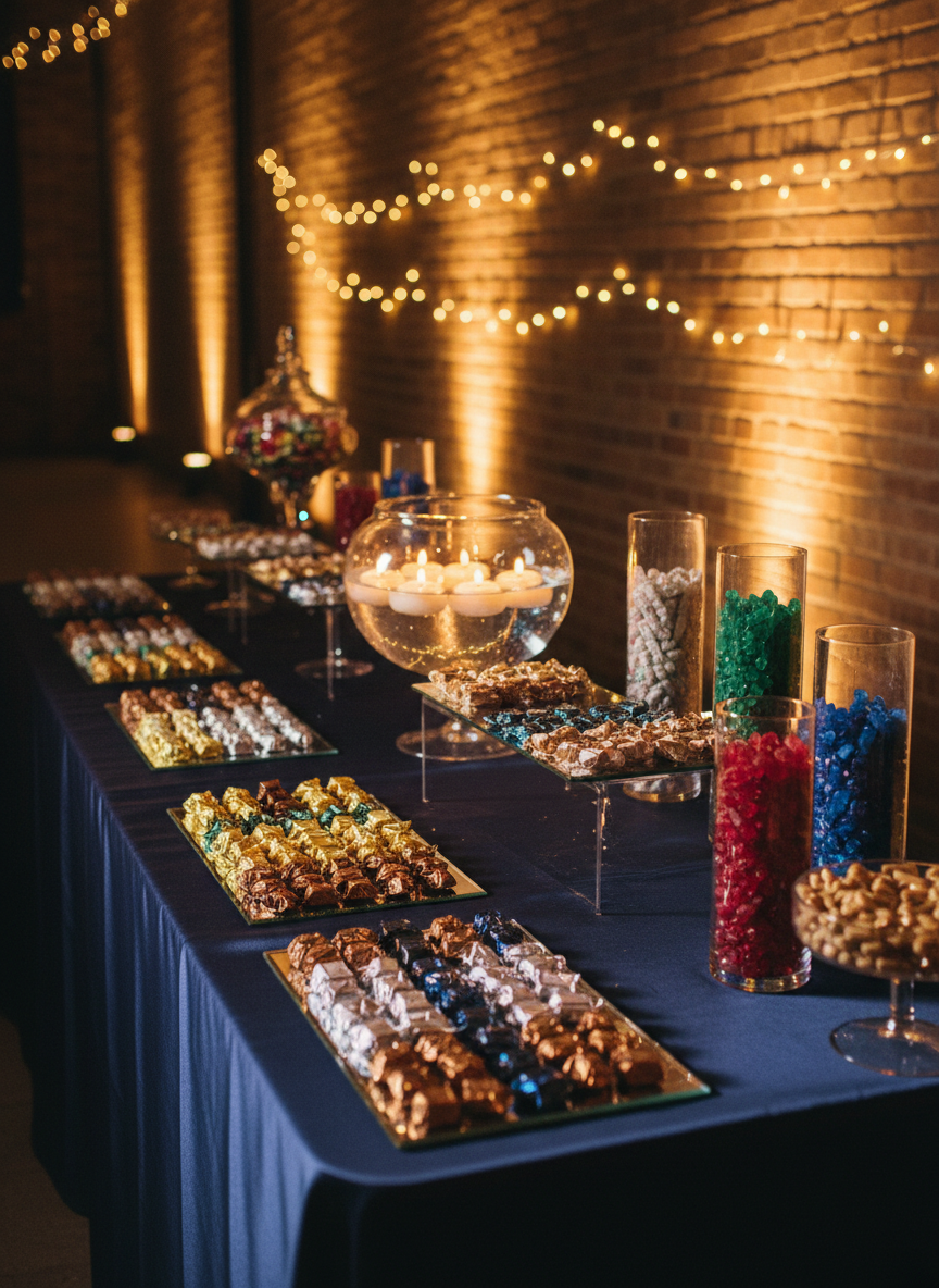 A nighttime indoor candy bar at an upscale Beaufort gala, featuring mirrored trays lined with individually wrapped candies in metallic foils, tall crystal cylinders of jewel-toned sweets, and a central glass bowl of floating candles implied by soft glowing orbs. The table is draped in deep navy satin, subtly reflecting the warm amber glow from string lights and uplighting along a nearby brick wall. Photographed in photographic realism from a slightly low angle, the scene uses a shallow depth of field to render background elements as soft bokeh, emphasizing the sparkle of the glass and wrappers. The mood is luxurious yet playful, showcasing how a custom candy station can elevate an evening event.
