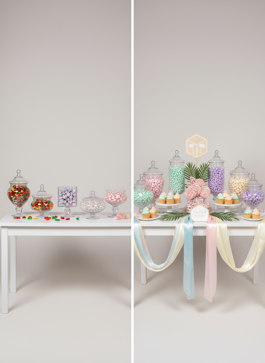 A meticulously styled candy buffet mockup illustrating a ‘before and after’ event design concept without using text: on the left side of the photographic frame, a plain white table with only a few scattered jars of unarranged candy; on the right, the same table transformed into a vibrant Sugar Shack Confections spread with coordinated jars, tiered trays, and themed decor like small faux palm fronds and pastel ribbons. The background is a neutral event studio wall, softly lit by even, diffused studio lighting that minimizes harsh shadows. Captured from a straight-on, eye-level angle with sharp focus throughout, the composition emphasizes the playful contrast and showcases the impact of professional candy table design while maintaining a clean, modern aesthetic.