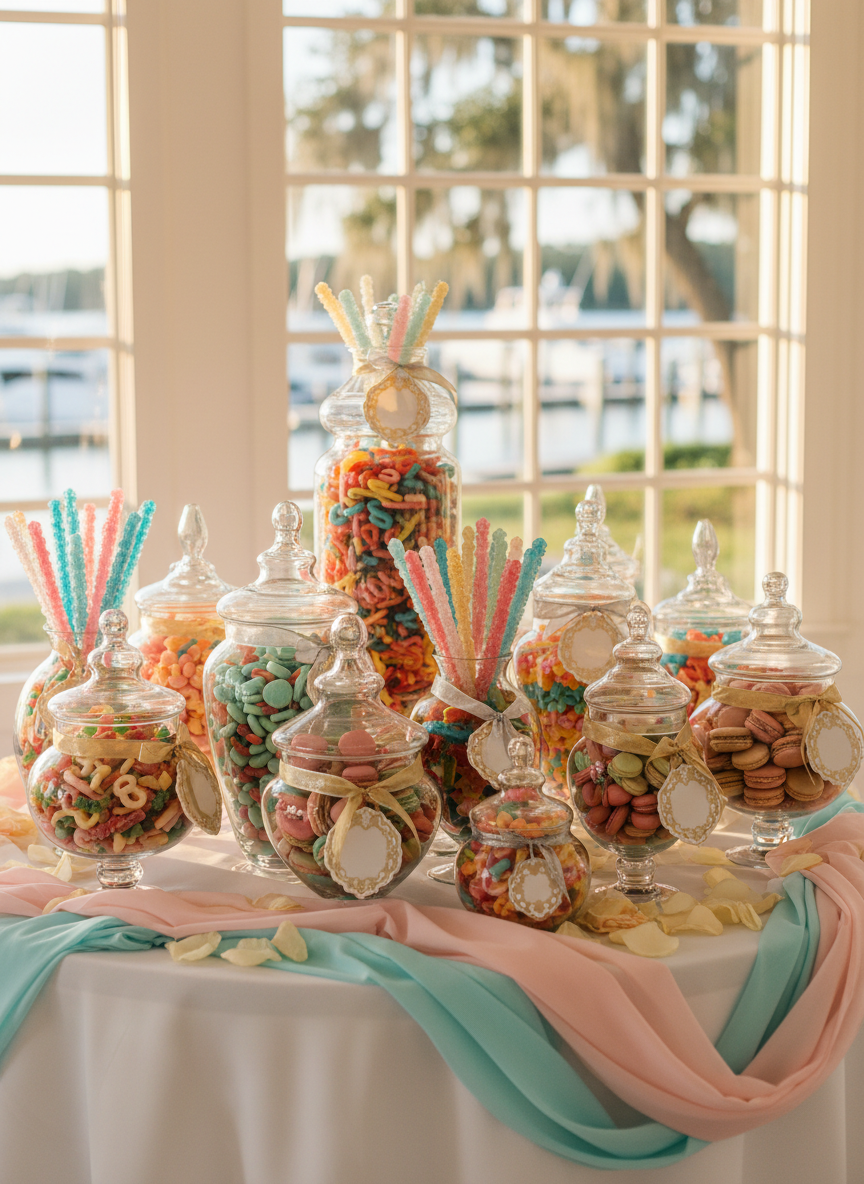 A sprawling candy buffet designed for a Beaufort, SC waterfront wedding reception, overflowing with glass apothecary jars of rainbow gummy candies, pastel macarons, and shimmering rock candy sticks. Each jar has a tiny, ornate tag implied by a decorative ribbon rather than readable text. The table is draped in crisp white linen with a playful cascade of pink and aqua fabric runners. Soft golden hour sunlight pours through large windows, catching the glossy surfaces of the sweets and creating twinkling highlights. Photographed at eye level with photographic realism, the composition uses the rule of thirds, with a shallow depth of field so the front jars are tack-sharp while the marina and live oaks outside blur into a dreamy, celebratory backdrop.