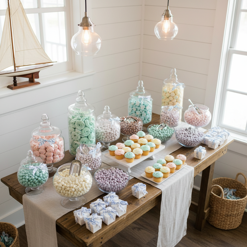 An elegant candy table set up for a Lowcountry baby shower in Beaufort, featuring neatly arranged clear jars of pastel taffy, color-coordinated chocolate candies, and stacked mini cupcakes with smooth buttercream swirls. The table stands in a bright event hall with white shiplap walls and subtle coastal decor like woven baskets and a model sailboat in the distance. Soft overhead pendant lighting and diffused daylight from nearby windows create gentle reflections on the glass and glossy sweets. Captured from a slightly elevated angle with sharp focus throughout, the photographic image feels playful yet polished, emphasizing the thoughtful layout, labeled scoops suggested by decorative bows, and small favor boxes aligned along the edge of the candy station.